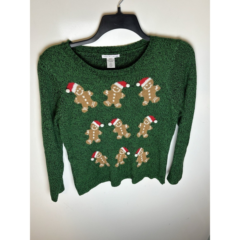 Notations Gingerbread Men Christmas Sweater Green Holiday Ugly Xmas Knit Med NWT